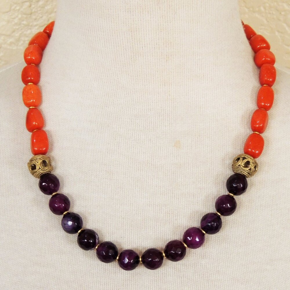 Southwestern Burnt Orange & Eggplant Purple Agate Statement Strand Necklace